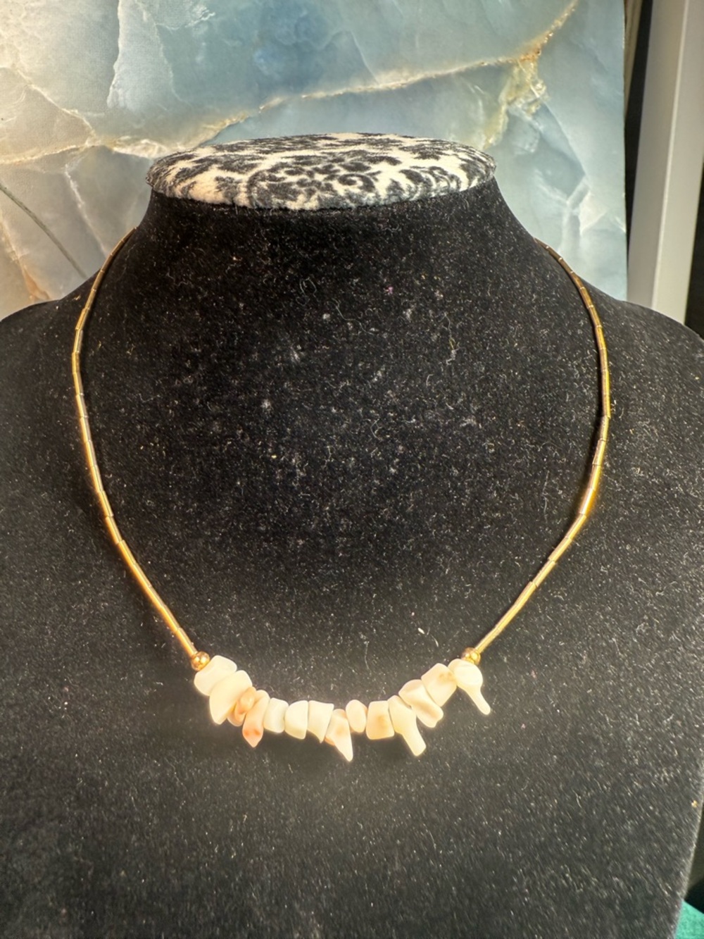 Delicate Choker Style Gold Tone Necklace with Cream Shell Chip Accents - Picture 1 of 6